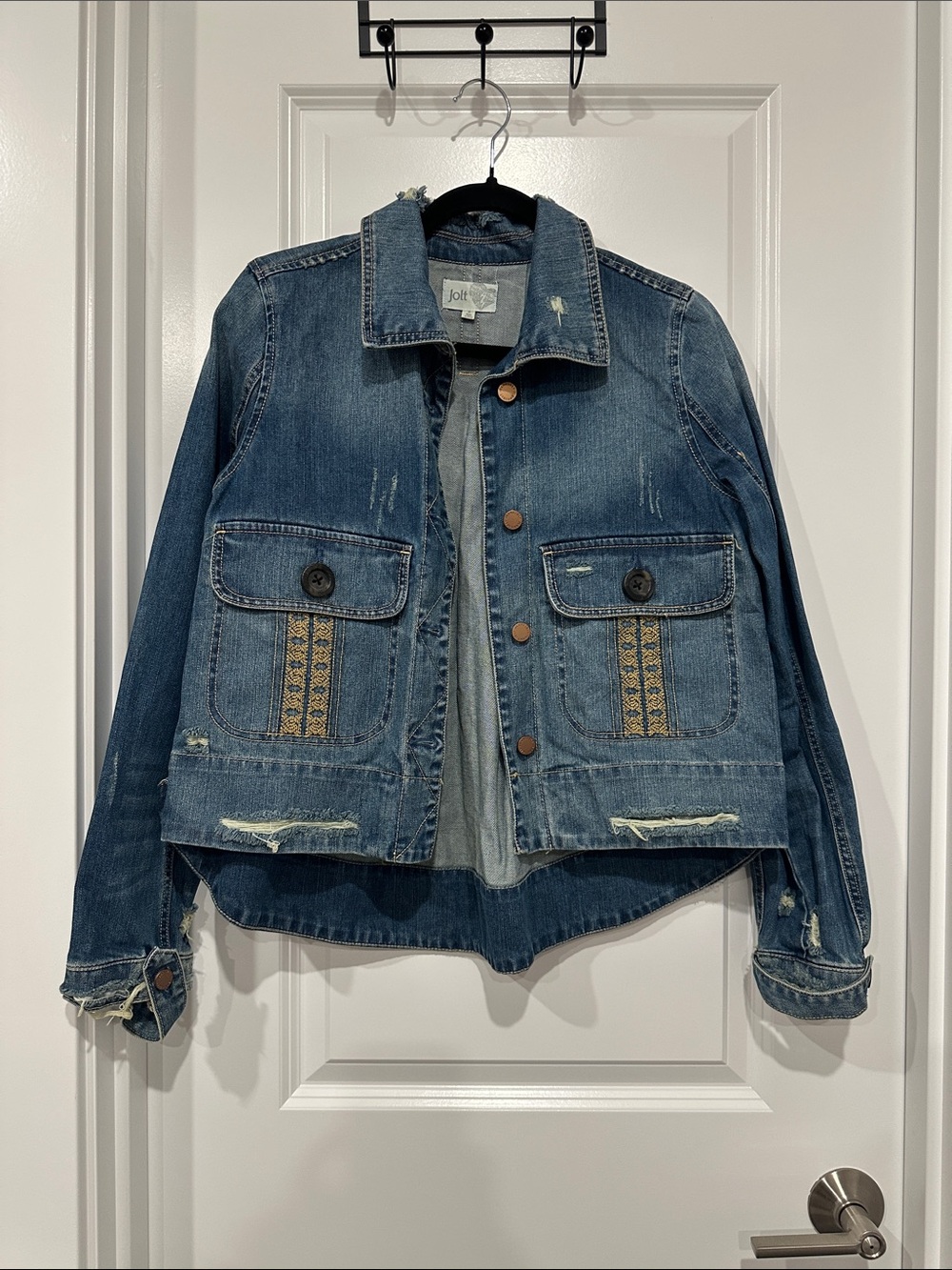 Jolt blue distressed denim jacket southwestern-style embroidered strip